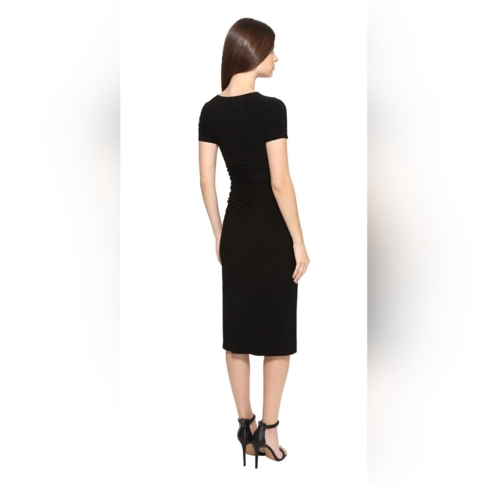 Norma Kamali Short Sleeve Crew Neck Shirred Waist‎ Dress Black Midi Body Con - Picture 2 of 11
